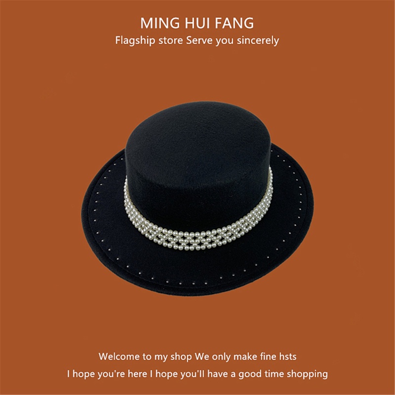 Mũ Rộng Vành Màu Đen Đính Ngọc Trai Thời Trang Anh Quốc Cho Nữ