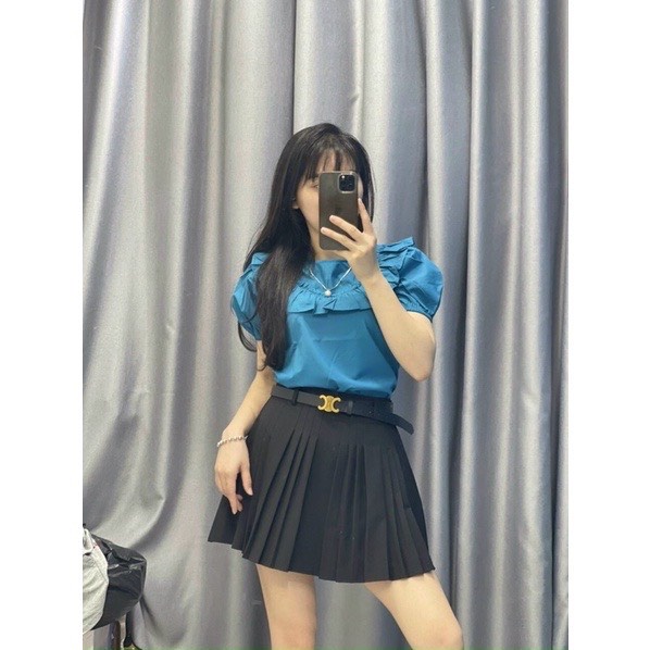 Áo kiểu nữ áo sơ mi nữ đẹp ngắn tay chất thô mát cổ tròn phối bèo siêu xinh A418