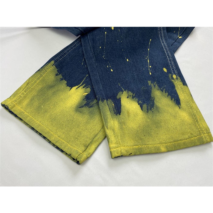 High street European and American style vibe style splash-ink denim suspender pants Women's American style retro large size plump girls loose straight wide leg pants 3HOV