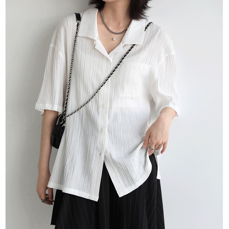 SUXI Áo Sơ Mi Ngắn Tay Dáng Rộng Màu Sắc Đơn Giản Dành Cho Nữ