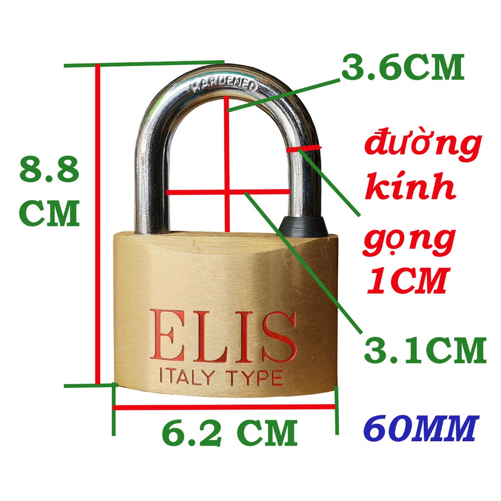 Ổ khóa cửa chất lượng cao ELIS CỠ LỚN 60MM gồm 4 chìa chất liệu thép không gỉ ( Vàng đồng)