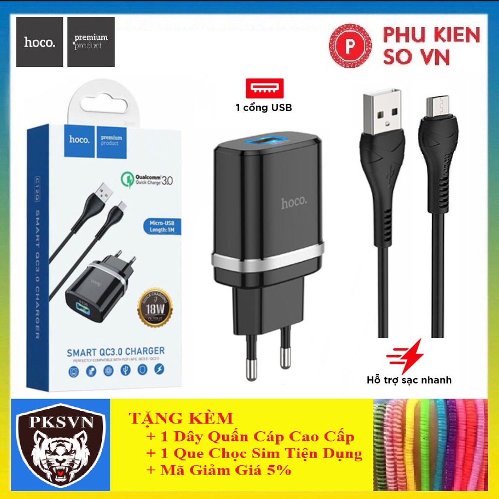 Bộ Cáp Sạc Nhanh 18W HOCO C12Q - Bộ Sạc Nhanh 3A Hỗ Trợ QC 2.0 3.0 Dây Dài 1M Cho Dòng Android Type-C/Micro USB