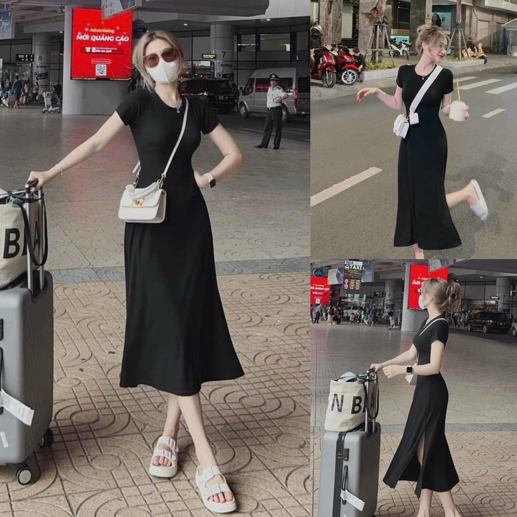 Đầm Váy Nữ Form Dài Ôm Body Cổ Tròn Xẻ Tà Chất Liệu Lụa Nhung Thiết Kế Sang Chảnh Đi Làm Công Sở, Đi Chơi Du Lịch