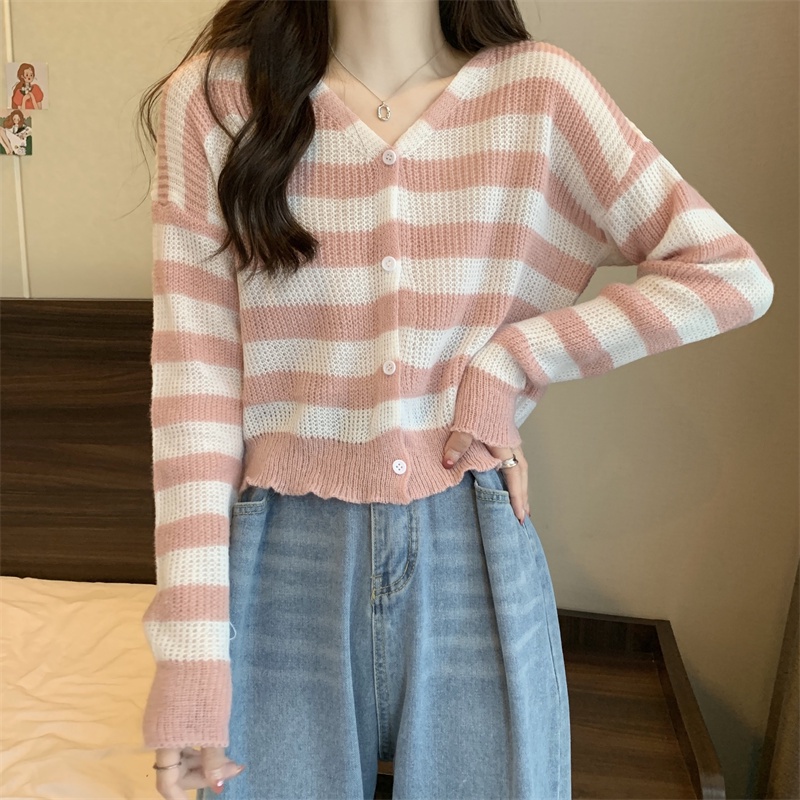 SUXI Áo Khoác Cardigan Dệt Kim Mỏng Dáng Rộng Họa Tiết Kẻ Sọc Thời Trang Cho Nữ
