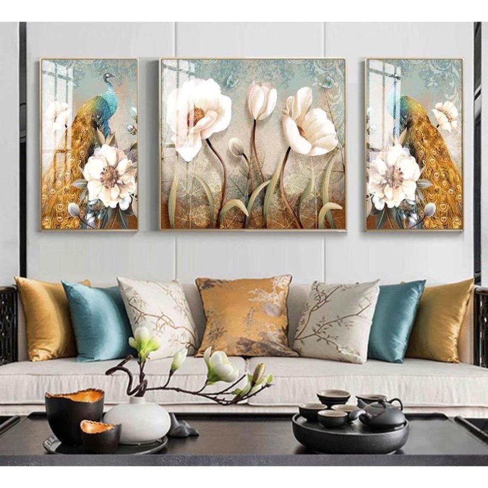 T42 Bộ 3 Tranh Tráng Gương Treo Tường Phòng Khách Hươu / nai Phú Quý / Phòng Ngủ Chim Công Và Bình Hoa