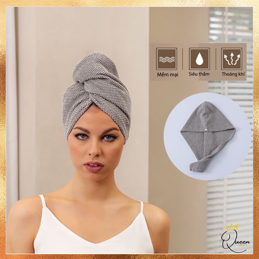Khăn quấn ủ tóc nhanh khô siêu tốc phong cách châu Âu chất liệu cotton mềm mại thoáng khí, thấm hút tốt có nút cài tiện