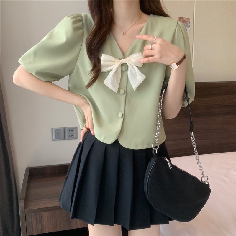 Áo Sơ Mi Ngắn Cổ Chữ v Thắt Nơ Dành Cho Nữ  tao bao