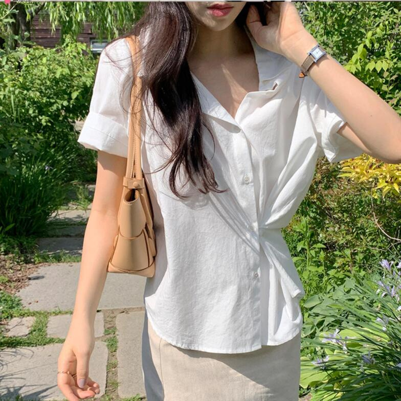 Áo Sơ Mi Tay Ngắn Màu Sắc Đơn Giản Phong Cách Hàn Quốc Cho Nữ