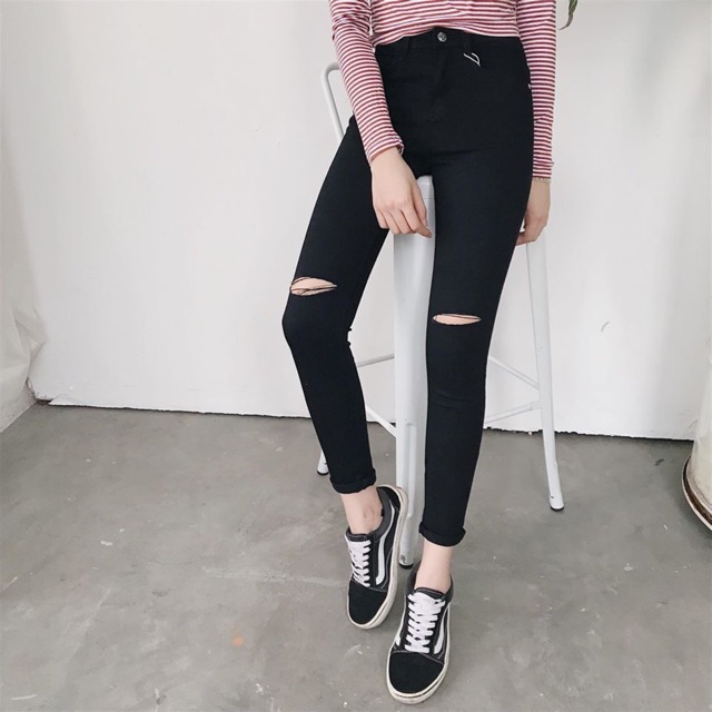 Quần Jean Skinny Đen Rách Gối Xuất Chuẩn