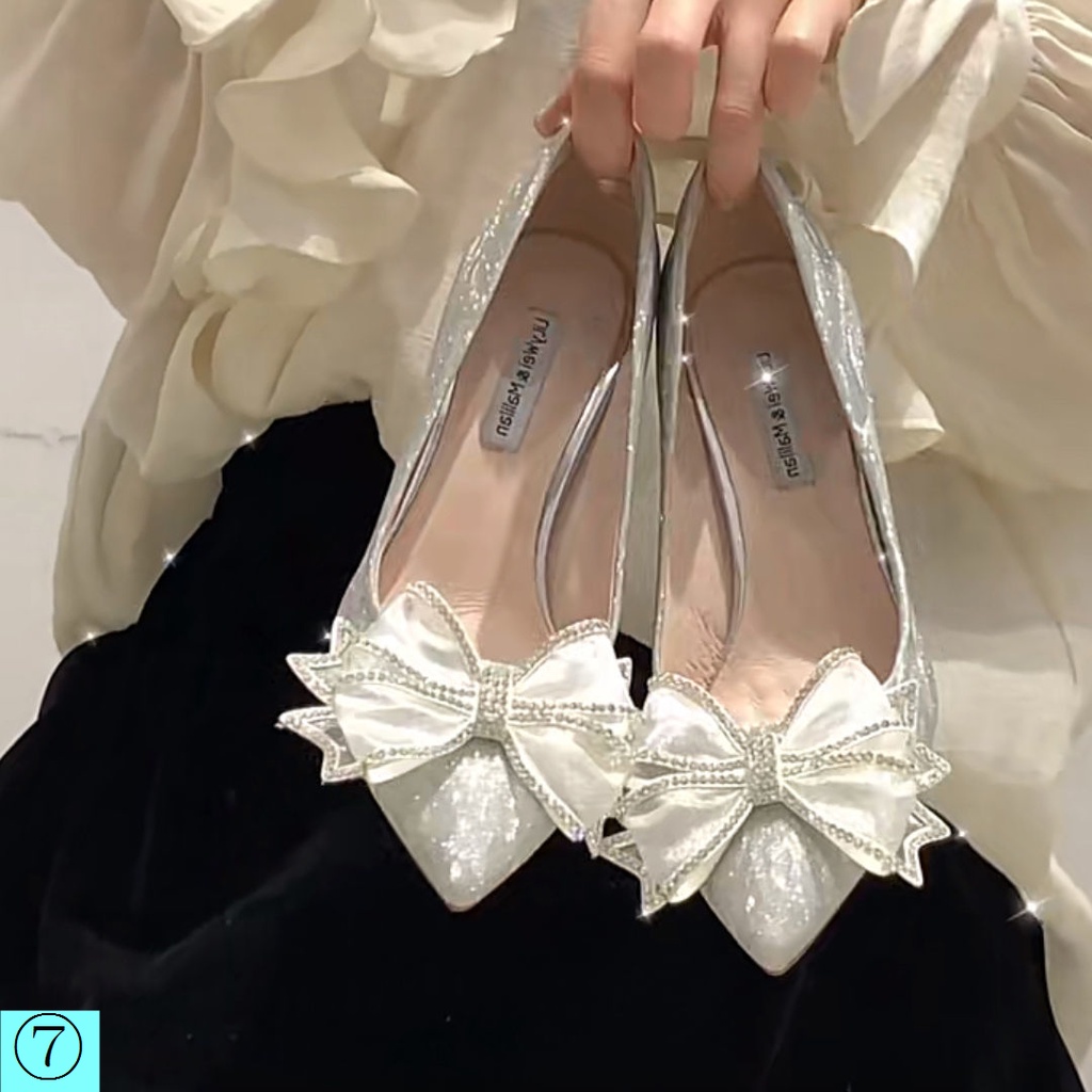 Giày Cao Gót Đính Nơ Màu Bạc Phong Cách Mới 2022 Cho Phù Dâu