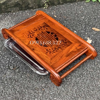 Khay trà cuốn thư,bàn trà kèm khay inox phòng khách gỗ hương