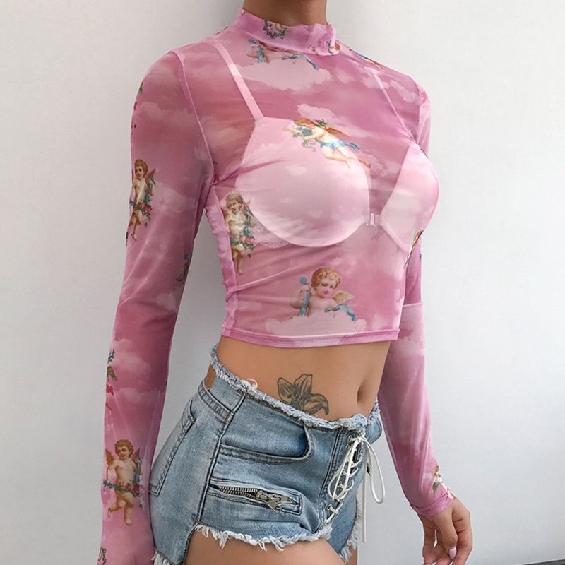 Áo Croptop Cổ Cao Xuyên Thấu In Họa Tiết Thiên Thần Cupid Màu Sắc Lãng Mạn Cho Nữ