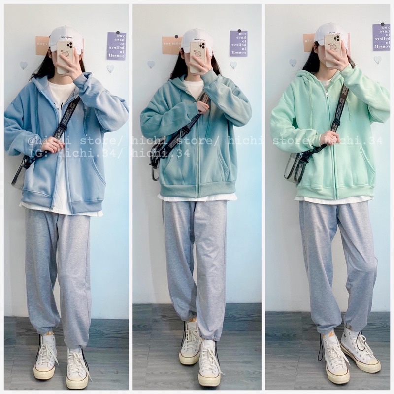 áo hoodie kéo khoá nỉ bông trơn unisex nam nữ sweater 10 màu hichi | BigBuy360 - bigbuy360.vn
