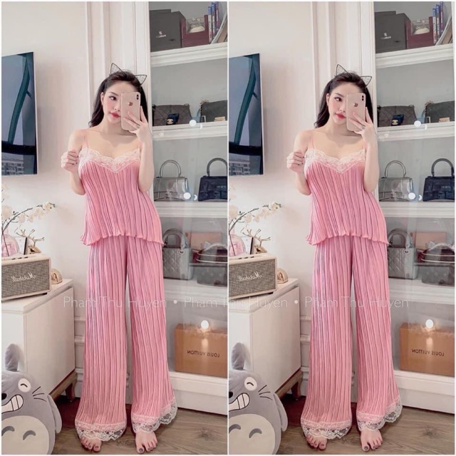 Bộ lụa dập ly 2 dây pha ren cực tiểu thư kèm ảnh thật