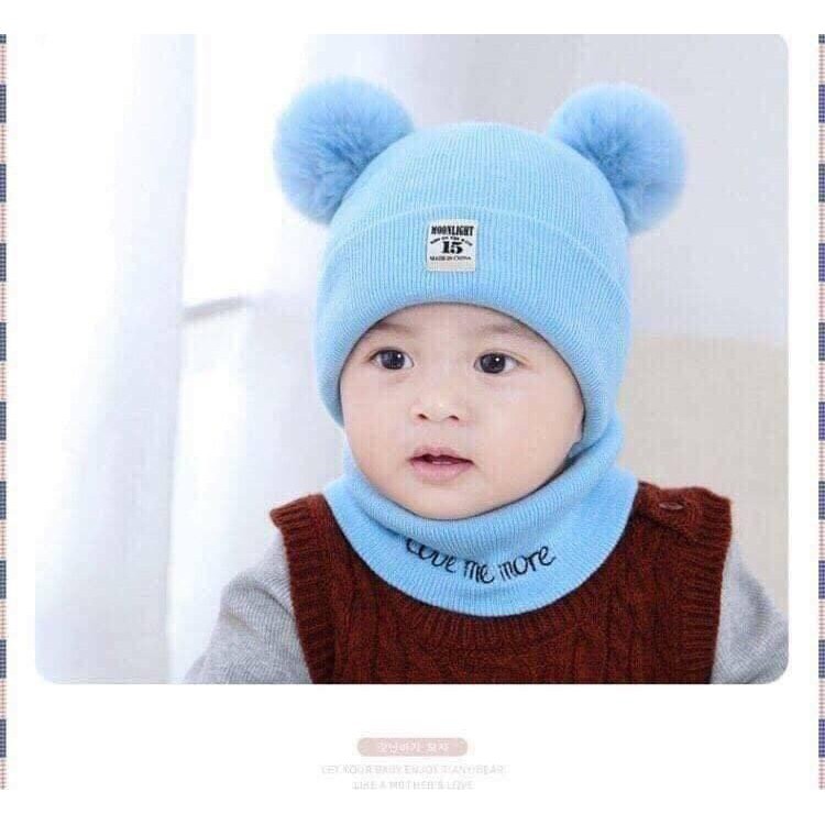 Set Mũ Len Kèm Khăn Quả Bông Xuất Hàn Cho Bé