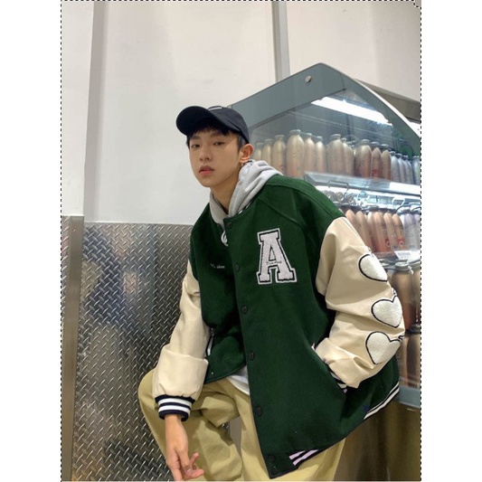 Áo bomber chữ A tay tim nam nữ 3107 STORE năng động, trẻ trung, cá tính chất xịn chuẩn i hình