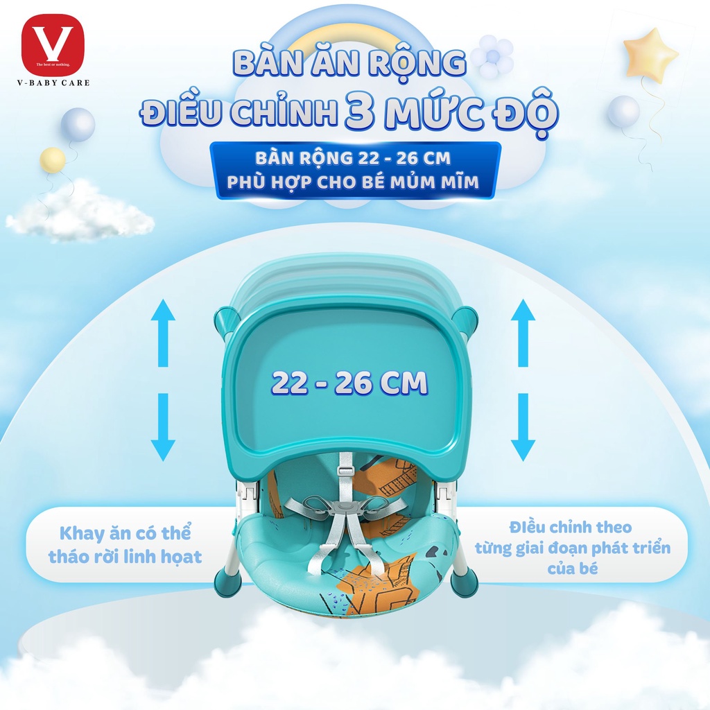 Ghế Ăn Dặm V - baby 909 mẫu mới 2023 có bánh xe gấp gọn ngã tựa lưng  và V-Baby 808 Full Đệm Bánh Xe