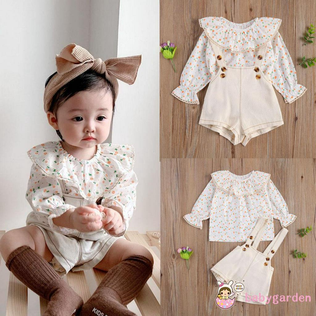 Set quần yếm ngắn và áo dài tay in hoa đáng yêu cho bé gái