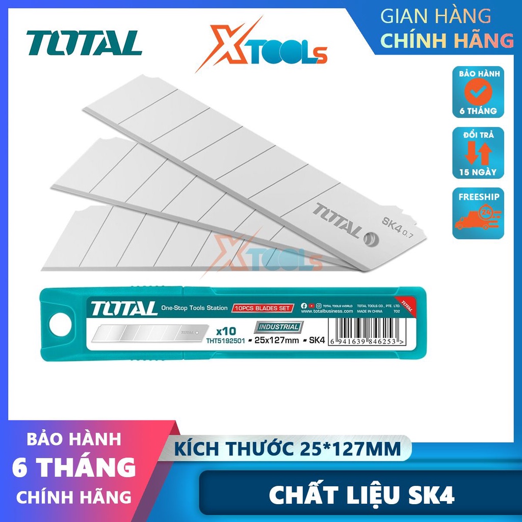 Bộ 10 lưỡi dao rọc giấy TOTAL THT5192501 25x127mm, thép SK4 cứng chắc, hộp nhựa chắc chắn chống thất -CHÍNH HÃNG-XTOOLS