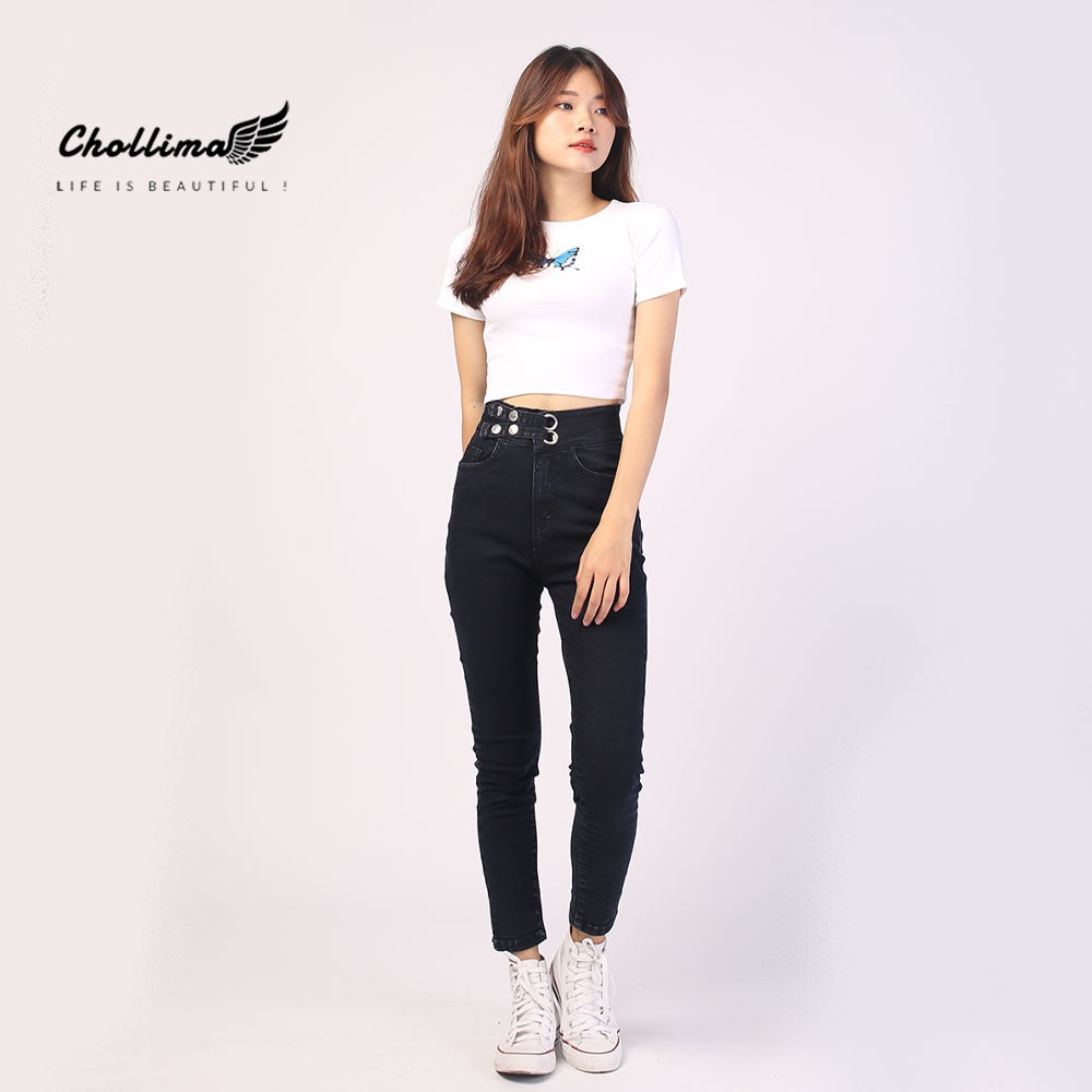 Quần dài jeans nữ co giãn Chollima cạp siêu cao 2 khoen màu đen QD002  – quần bò nữ cạp siêu cao