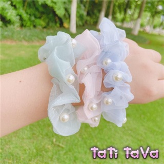 (Video)Hot  Cột tóc srcunchies voan hạt châu Tatitava
