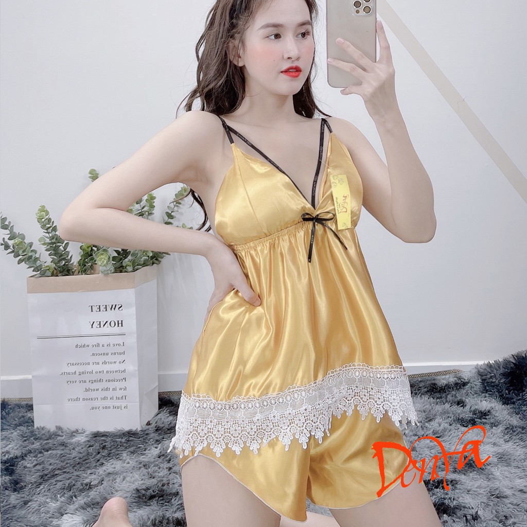 Đồ ngủ hai dây bigsize sexy có mút ngực kèm dây thâu chất liệu lụa phi mềm mịn kèm ren cứng tà áo DN20