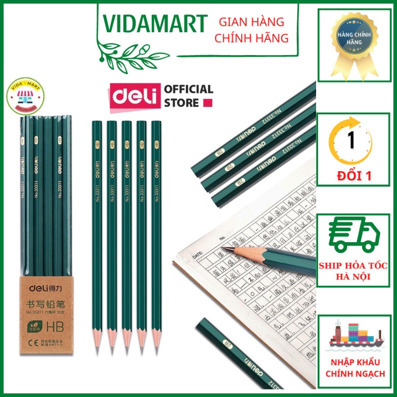 Vỉ 10 Bút Chì Lục Giác Deli - loại 2B/HB Vẽ Mỹ Thuật, Làm Bài Kiểm Tra An Toàn Với Người Sử Dụng (Vidamart) SP1441