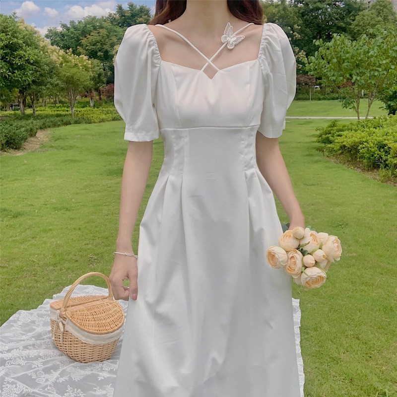 Đầm trắng nữ dáng dài cổ tim, váy trắng nữ tay lỡ chiết li eo dáng dài tiểu thư | BigBuy360 - bigbuy360.vn