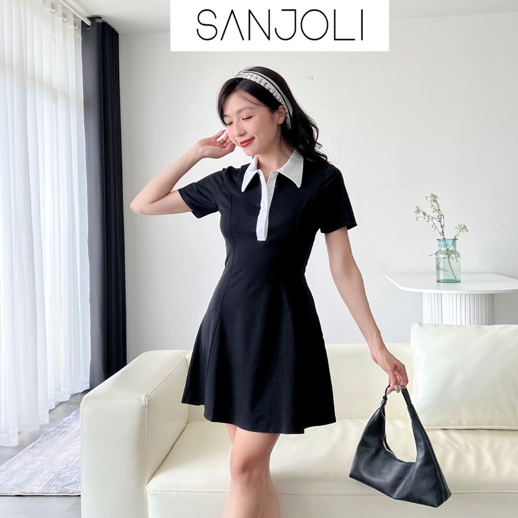 Váy polo nữ ôm body Sanjoli đầm dự tiệc cổ sơ mi dáng xòe nhẹ chiết eo tay ngắn chất thun suông cao cấp sang trọng VD024