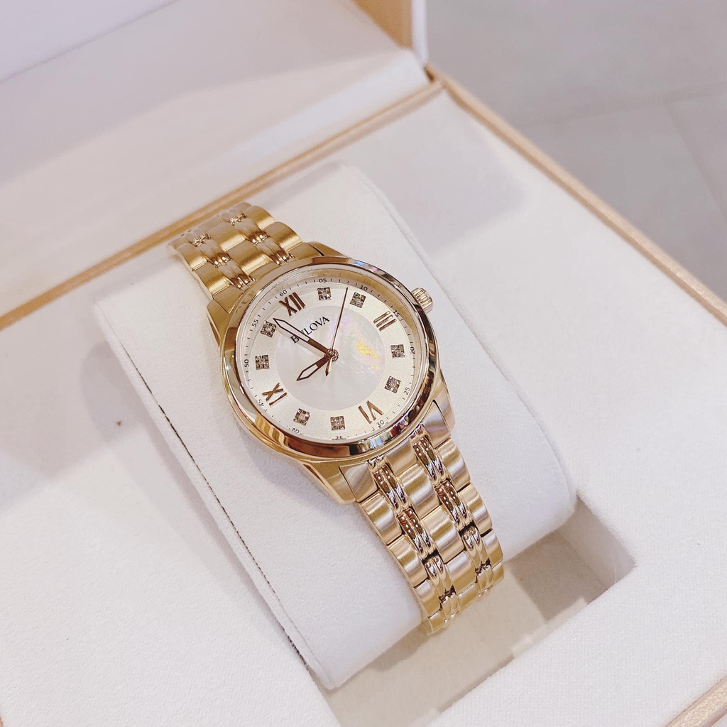 Đồng hồ nữ chính hãng  Bulova 97P119 Ladies Gold-Tone Diamond - Máy Quartz pin - Kính cứng