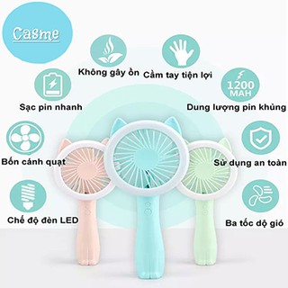 Quạt mini cầm tay casme, có đèn led, cổng sạc usb, hình tai mèo dễ thương - q001