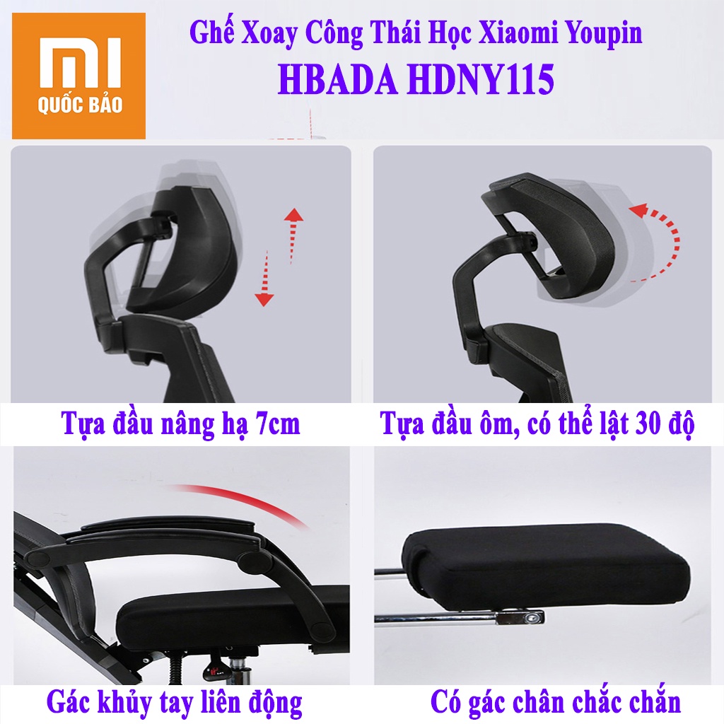 Ghế xoay văn phòng công thái học Xiaomi Youpin HBADA HDNY115- Có tự đầu, gác chân- Tặng kèm gối cổ