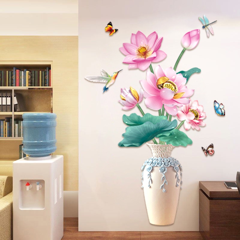 Tranh dán tường 3D Bình gốm hoa sen mẫu 3 KT 88x126cm, Decal trang trí phòng
