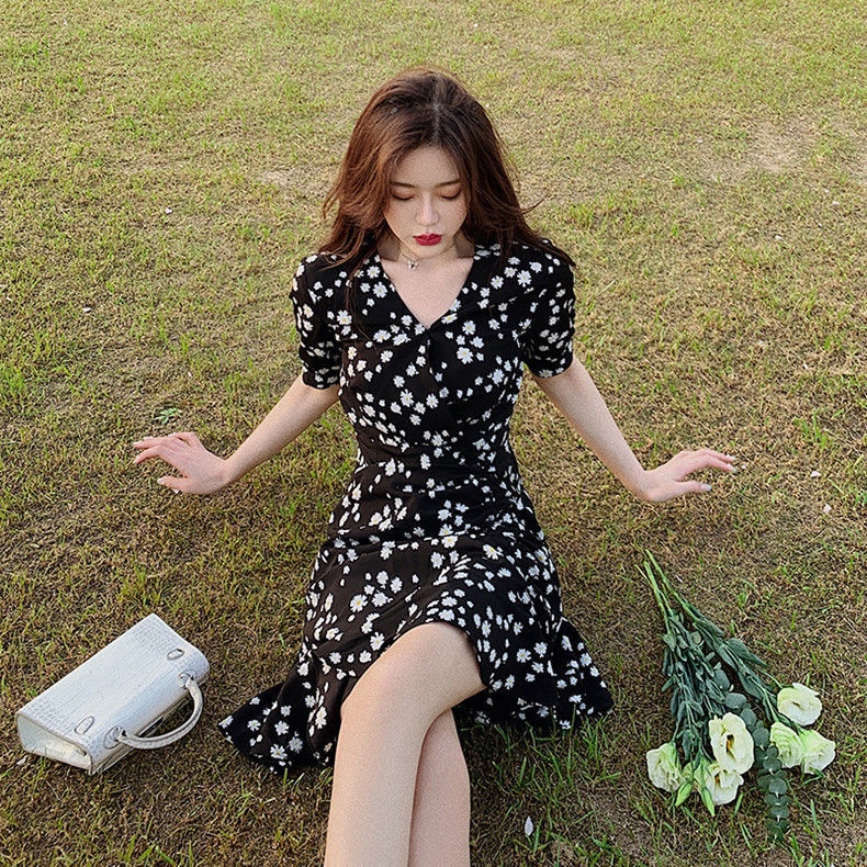Đầm chữ A cổ V in họa tiết hoa phong cách retro Pháp thanh lịch dành cho nữ