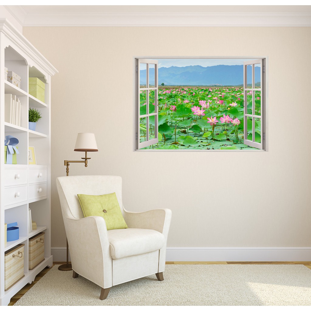 Tranh dán tường cửa sổ HD Cảnh đẹp hồ sen CS0232 Kim sa