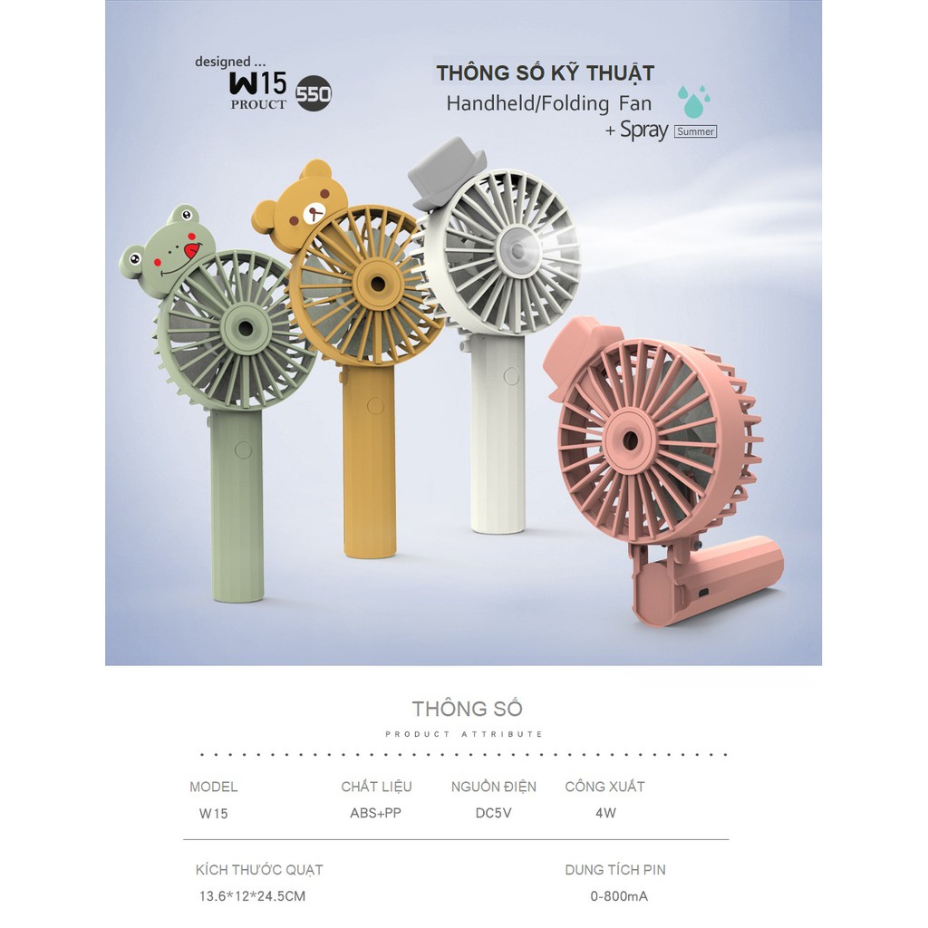 Quạt Mini Cầm Tay Phun Sương W15 Có Pin Tích Điện 3 Cấp Độ Gió | BigBuy360 - bigbuy360.vn