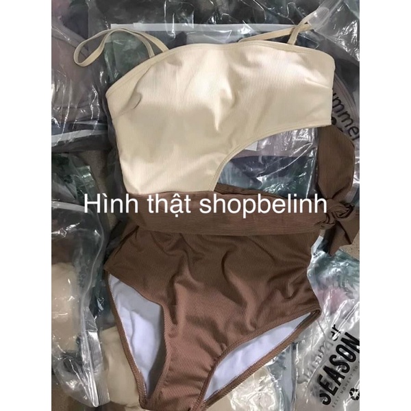 Bikini phối màu chất gân tăm, quai điều chỉnh kích thước, buộc dây xẻ eo quyến rũ - shopbelinh