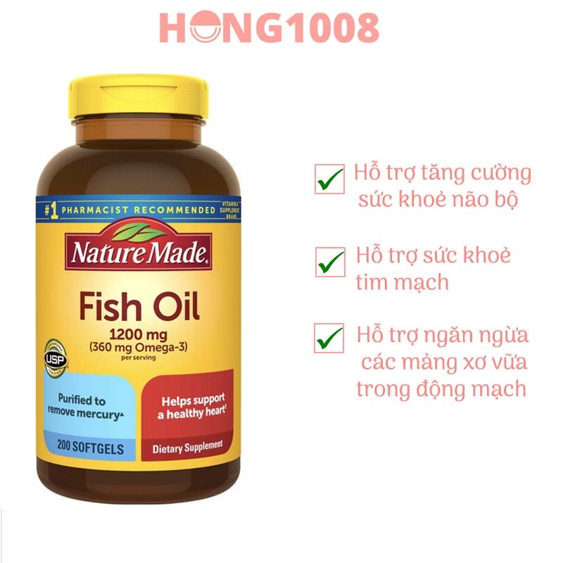 Viên uống Dầu Cá Nature Made Fish Oil 1200mg 360mg Omega 3 200 viên
