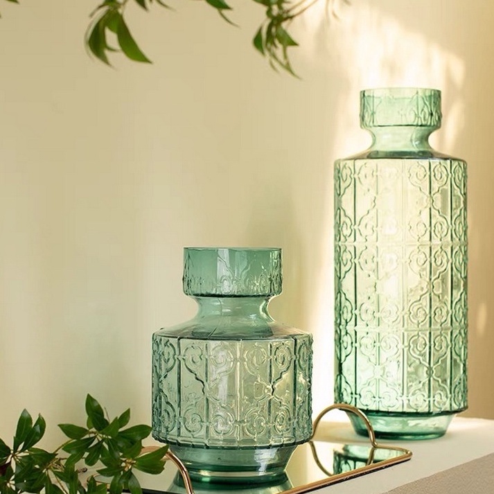 Lọ Hoa Thủy Tinh Phong Cách Retro - Cao Cấp - Xanh Cổ Vịt - Cắm Thạch Nam