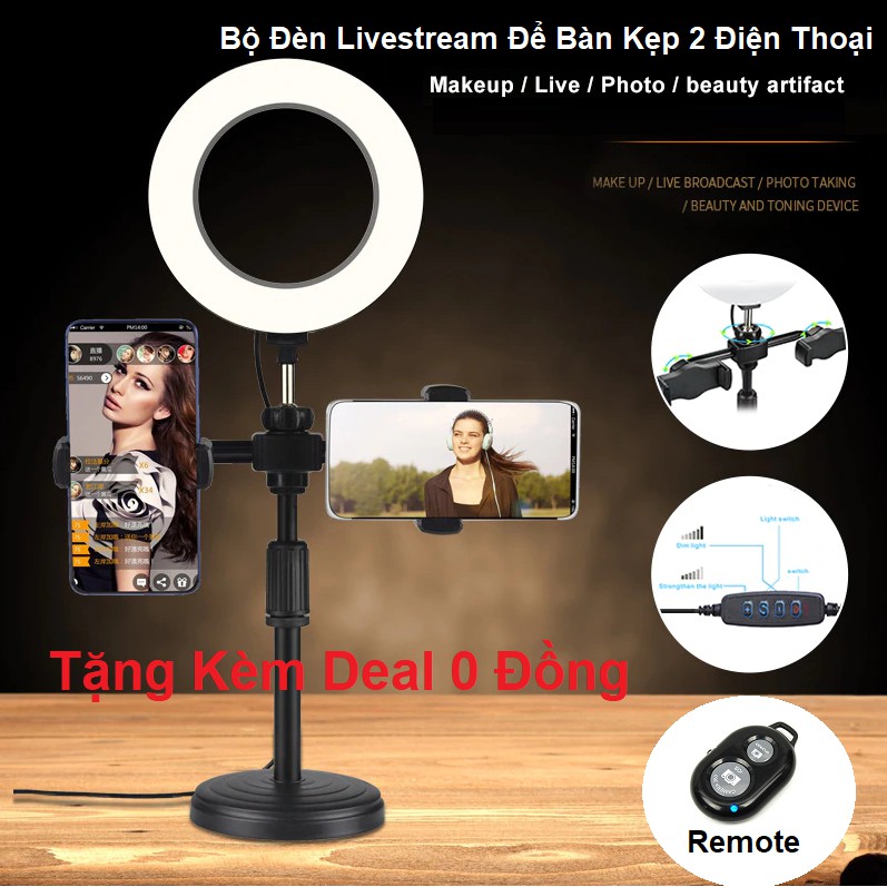 Trọn Bộ Đèn Livestream Để Bàn Kẹp Cùng Lúc 2 Điện Thoại - Tặng Kèm Remote Chụp Ảnh Bluetooth - Bảo Hành 3 Tháng