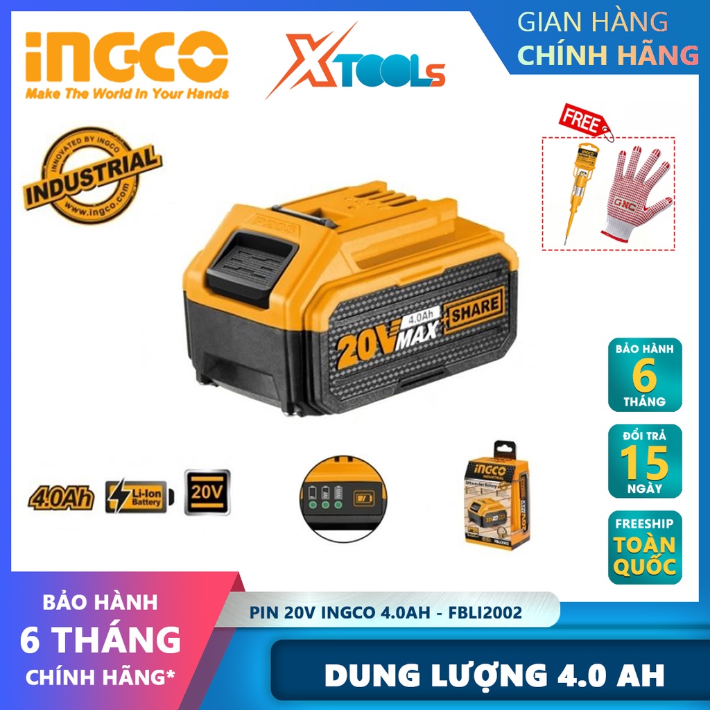Pin 20v 4.0AH INGCO FBLI2002 | pin sạc có dung lượng pin Lithium-ion 4.0Ah, phù hợp cho nhiều máy pin 20V Total Ingco