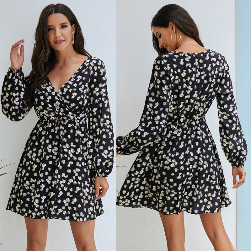 Đầm Midi Tay Dài Cổ Chữ V Họa Tiết Hoa Cúc Phong Cách Boho Quyến Rũ Cho Nữ