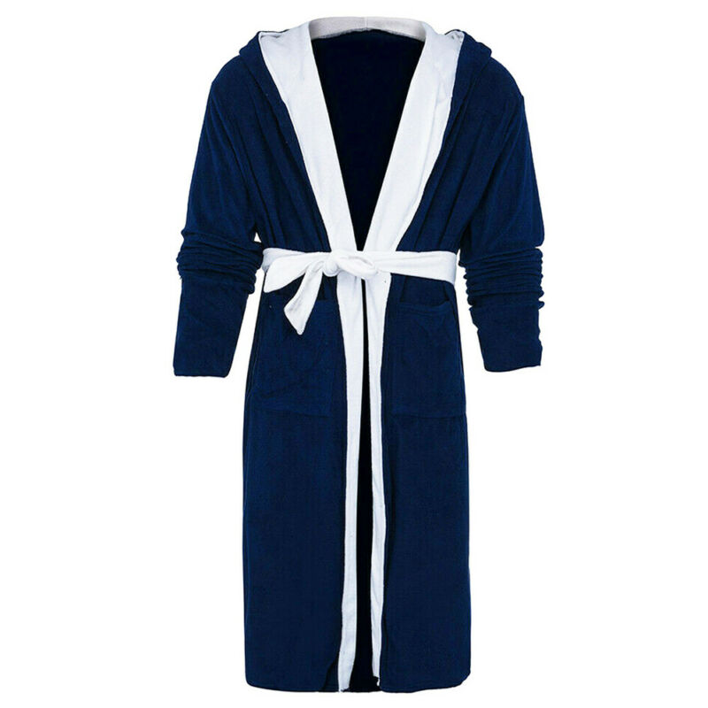 Men Hooded Bathrobe Long Sleeve Lined Soft Dressing Gown Night Wear