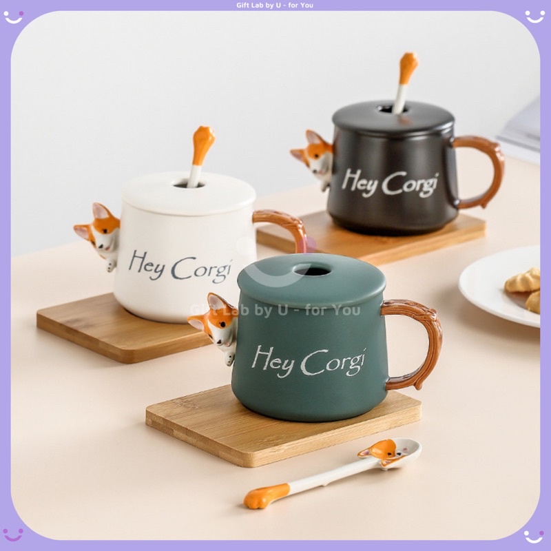 Cốc gốm sứ cao cấp hình cún Corgi siêu đáng yêu kèm nắp thìa(48)