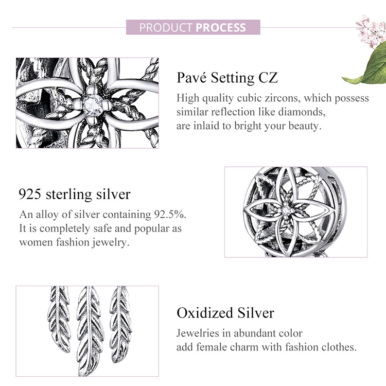 Hạt phụ kiện charm Bamoer chất liệu bạc 925 hình Dream Catcher trang trí vòng đeo tay