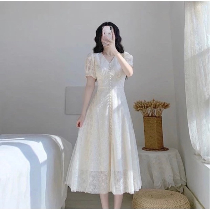 ĐẦM MIDI TRẮNG REN HOA PHỐI NÚT NGỌC ✨ - KÈM VIDEO HÌNH THẬT