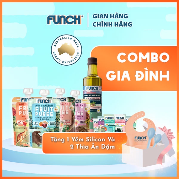 (Combo Tết) Set 04 Trái Cây Nghiền,  01 Dầu Hạt, 06 Bột Ăn Dặm Funch Úc Tặng yếm ăn dặm và set 2 thìa ăn dặm