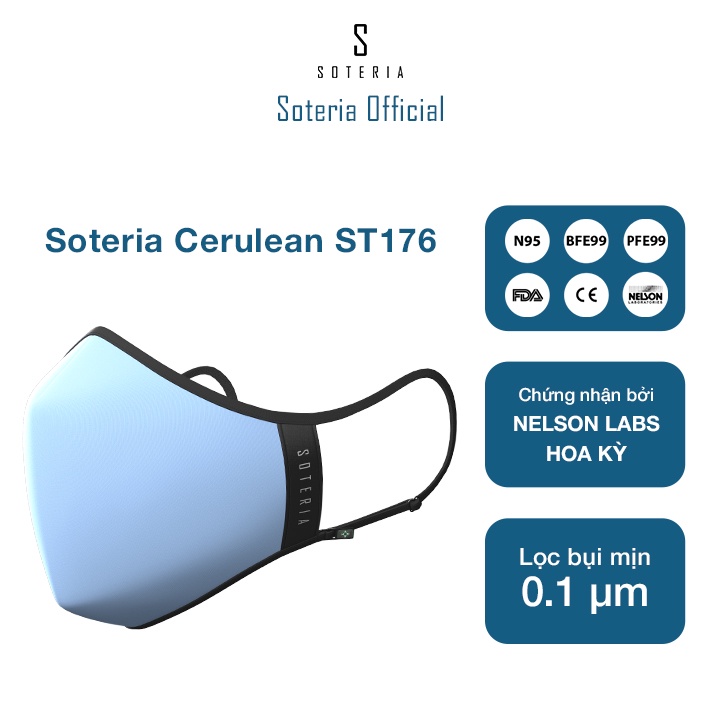 Khẩu trang tiêu chuẩn Quốc Tế SOTERIA Cerulean ST176 - Bộ lọc N95 BFE PFE 99 lọc đến 99% bụi mịn 0.1 micro- Size S,M,L