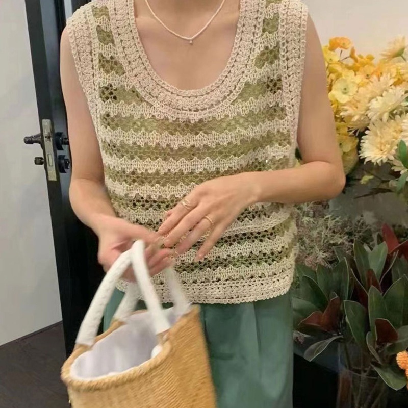 Áo Sweater Dệt Kim Sát Nách Phối Lỗ Lưới Thời Trang Trẻ Trung