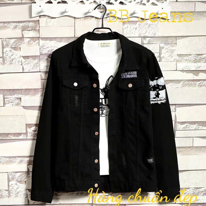 Áo khoác jean nam nữ màu đen thêu Jean Fashion túi huy hiệu form chuẩn PT03